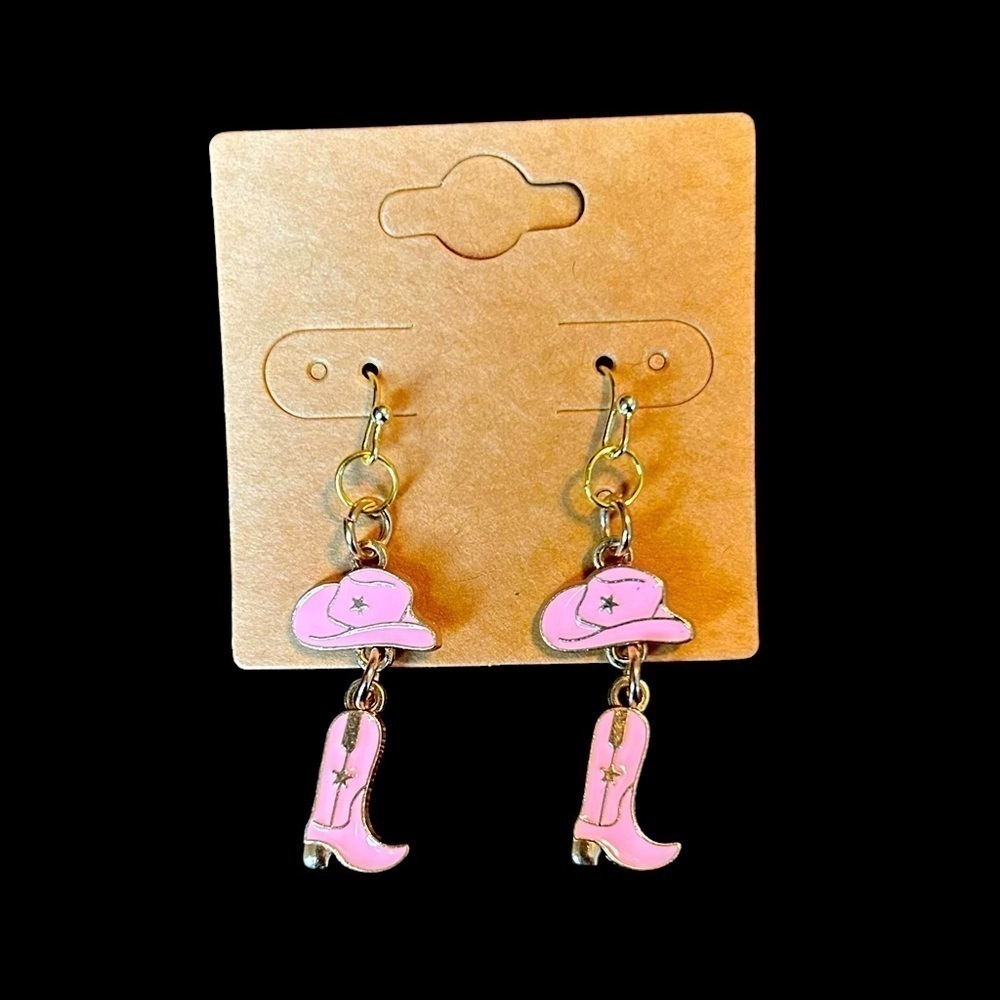 Pink Cowgirl Gold Star Hat and Boots Pierced Earrings NWOT
